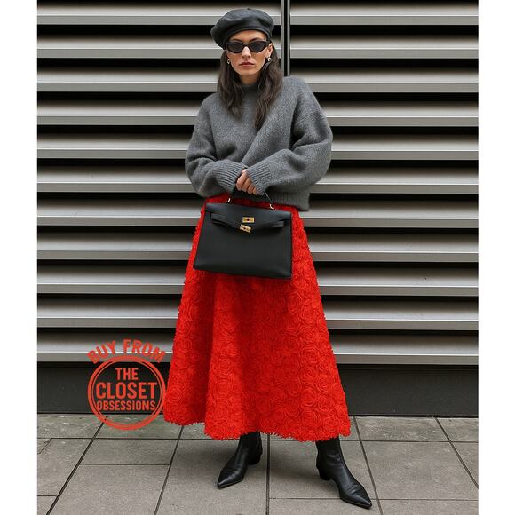 ZARA Floral Voluminous Midi Skirt NWT | Red Textured A-Line - Picture 2 of 16